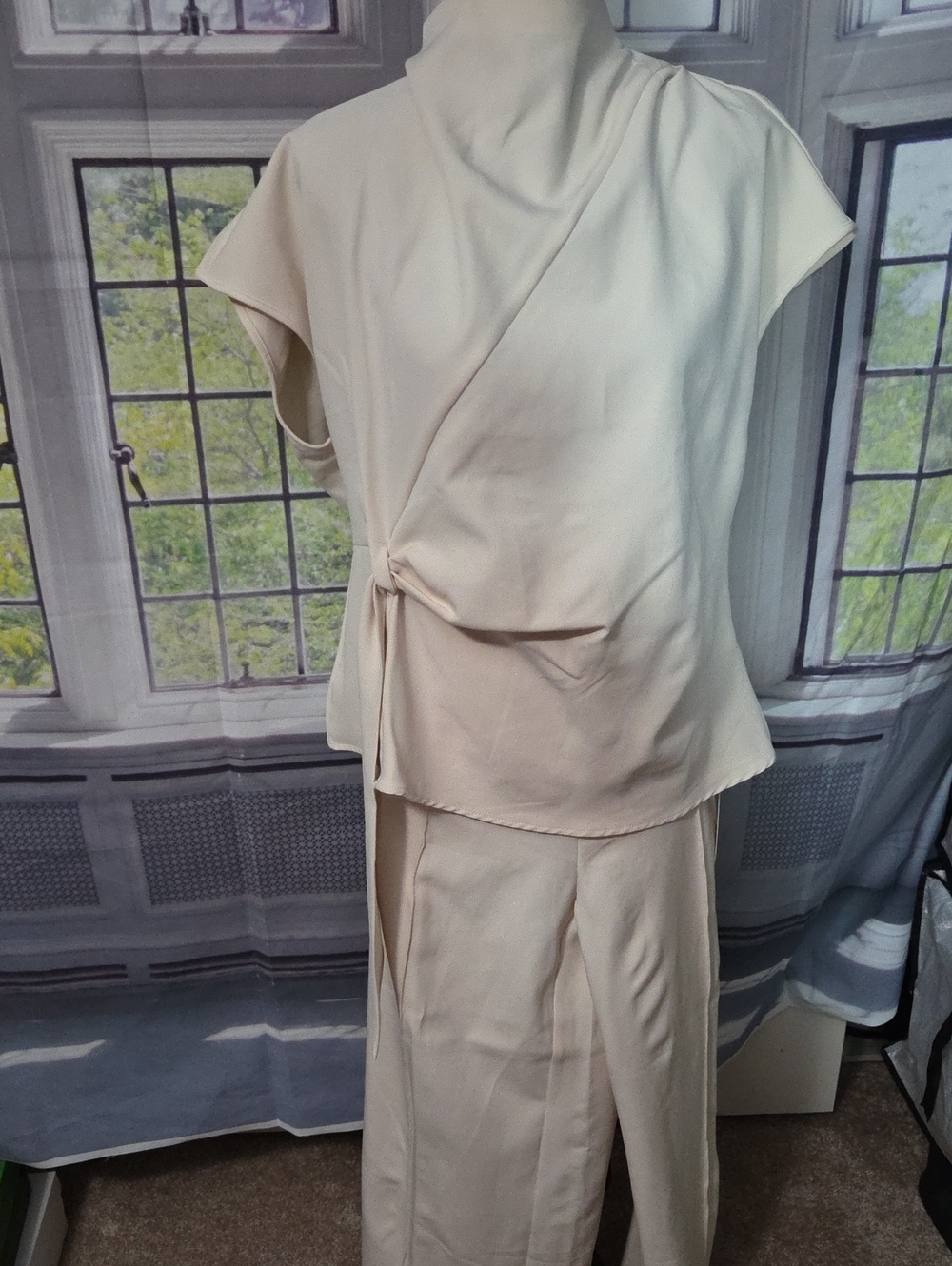 Cream Two-Piece Draped Top and Pant Set